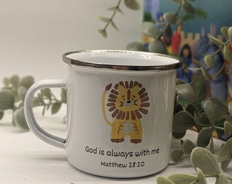 Personalised Children's Enamel Mug: Cartoon Animal Bible Verse Gift