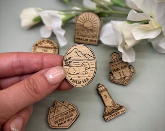 Oak Veneer Christian Pin | Engraved Bible Verse Badge