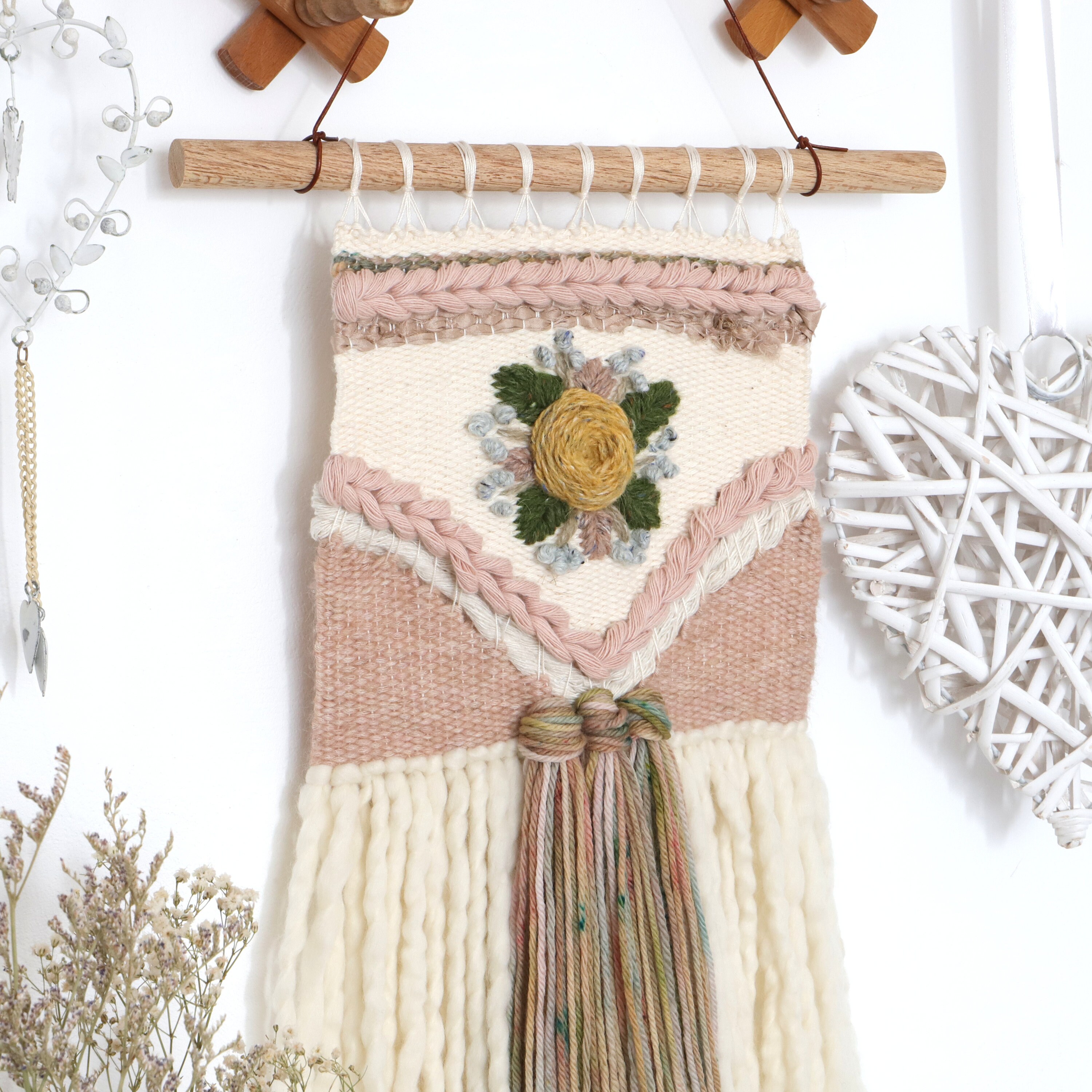 Woven Wall Hanging Embroidered Flowers Rustic Vintage Style Etsy UK