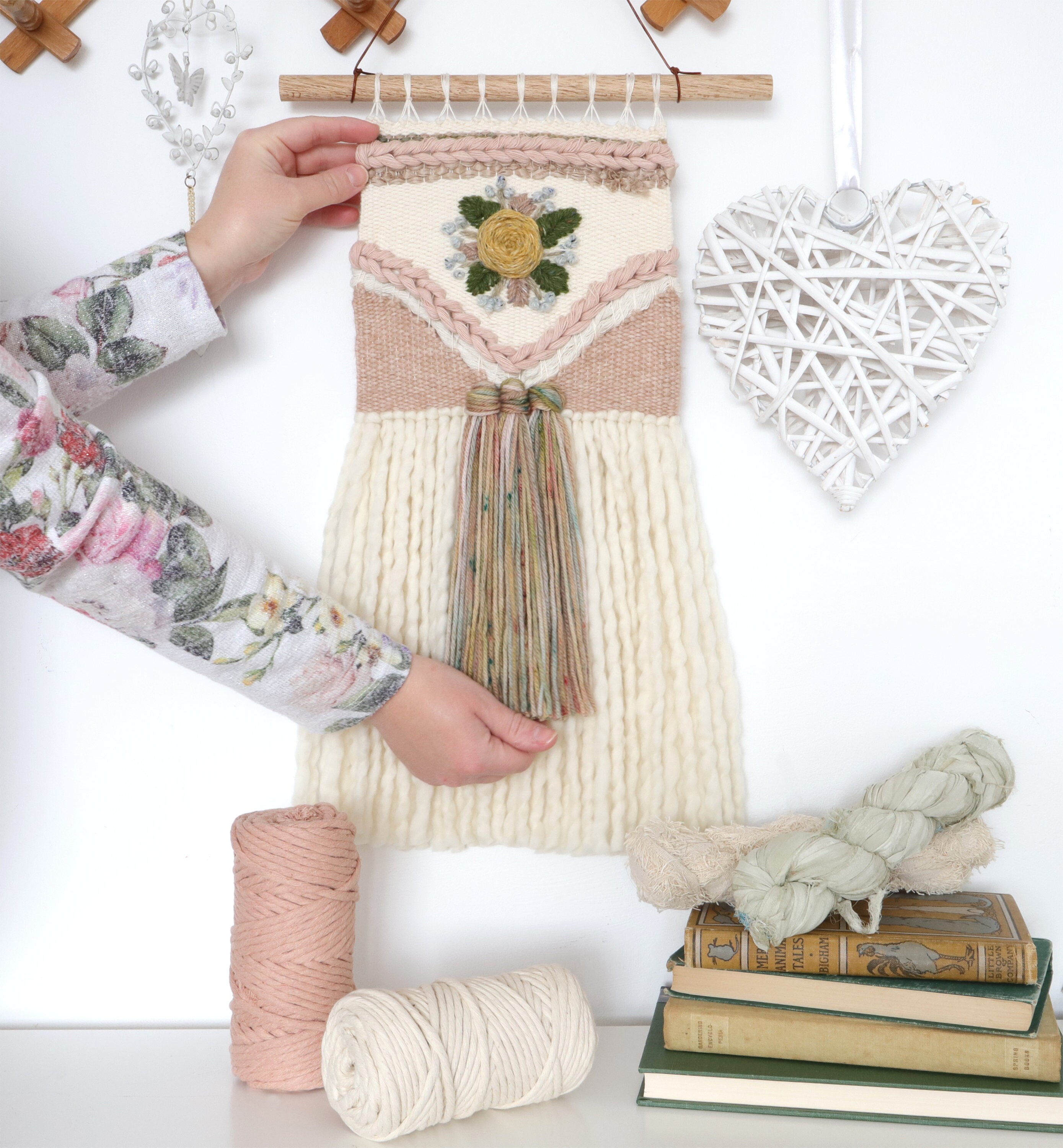 Woven Wall Hanging Embroidered Flowers Rustic Vintage Style Etsy UK