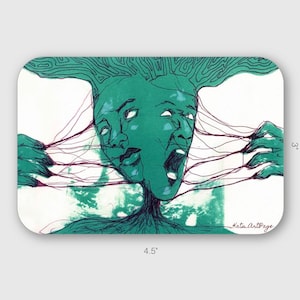 May include: A sticker featuring a green and purple illustration of a face with multiple eyes and mouths, with a swirling green and blue background. The sticker is 4.5 inches wide and 3 inches tall. The text "Kata ArtPage" is in the bottom right corner.
