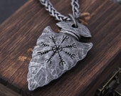 Viking Spear With Helm of Awe Pendant Necklace Stainless Steel Chain Men Jewelry Wood Box Gift