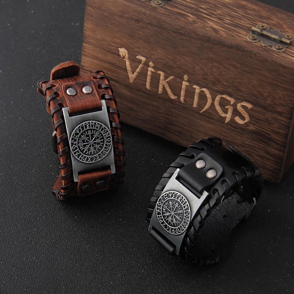Viking Compass Charm Wide Leather Bracelet Men Jewelry In A Wooden Box Ready To Be Gifted