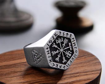 Viking Compass Nordic Runic Statement Ring For Men Stainless Steel Jewelry In A Wooden Box