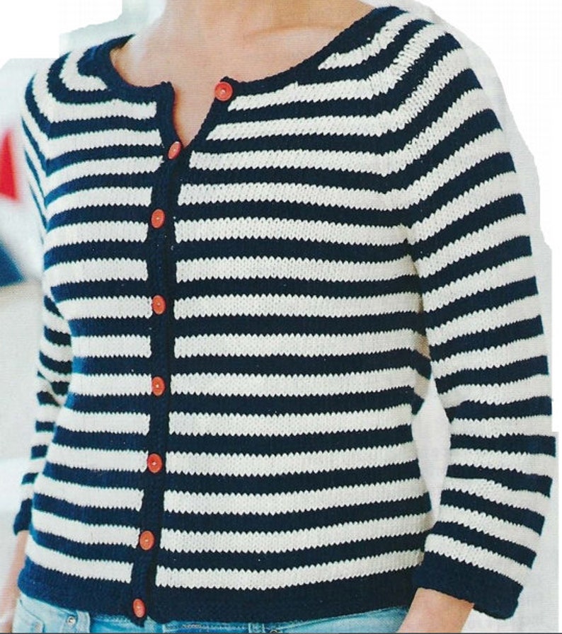 Womens size 8 10 12 14 16 18 20 22 Ladies 34 sleeve casual cardigan knitting pattern Cotton Aran Sailor Stripes PDF