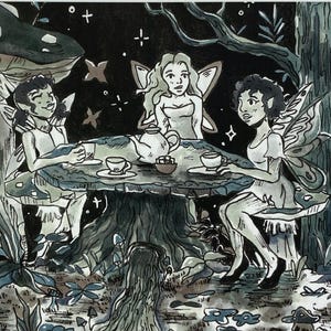 Fairy Tale Tea Party original illustration - giclee art print - cottage core fairy art