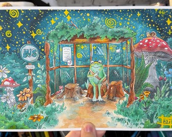 Midnight Bus Stop- original illustration, art print, fantasy nature art