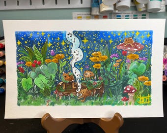 Musical forest, original illustration, pen and marker, mixed media, magical artwork, storybook art