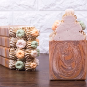 May include: Two bars of handmade soap with a fall theme. One bar is decorated with small, colorful pumpkins and leaves. The other bar is a swirl of brown and white.