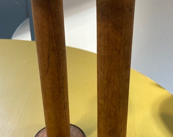 Vintage Wooden Spool rustic Bobbin, Candlestick, Wood textile mill, pair of 2