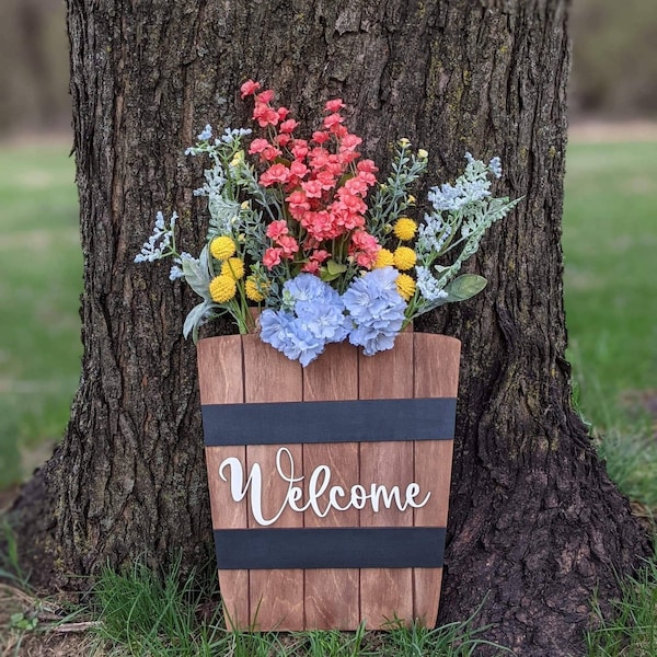 DIGITAL  Layered Flower Planter / Bucket Door Hanger / Sign | With "Welcome" and two options for backer | Glowforge-tested SVG file