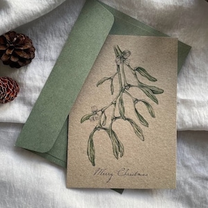 Mistletoe Christmas Card - Botanical Art – Watercolour Illustrated - Vintage - Christmas