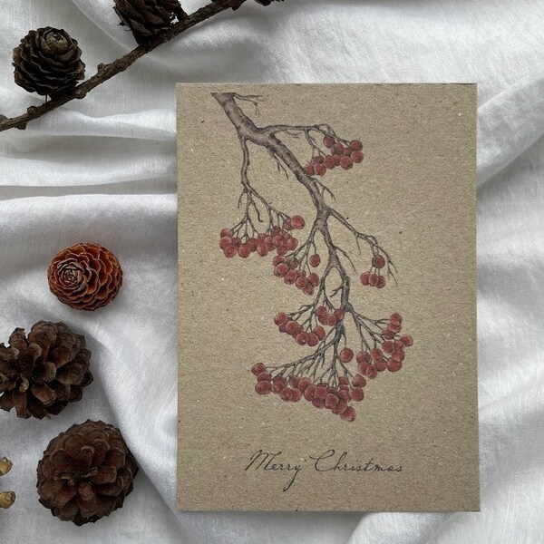 Rowan Christmas Card - Botanische Kunst - Aquarel Geïllustreerd - Vintage - Kerstmis