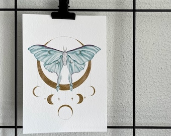 Luna moth and lunar. Print of the original illustration. Celestial art. Moth poster.