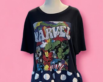 Super Hero and Polka Dot Boho Upcycled Tee Dress