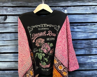 Damask Rose Boho Butterfly Upcycled Tee Poncho