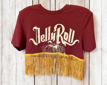 Jelly Roll Upcycled Gold Fringe Cropped Tee Fits an XS to Small