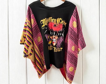 Motley Crue Upcycled Vintage Kantha Short Sleeve Poncho  One Size Fits A Small to XXL