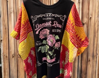 Damask Rose Upcycled Vintage Kantha Ruffle Sleeve Poncho Free Size One Size Fits Most OVERSIZED