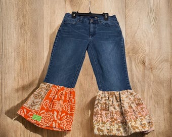Reba Upcycled Kantha Ruffled Crop Jeans Fits Size 6