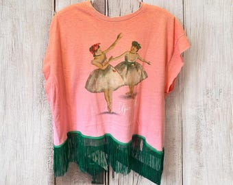 Degas Upcycled Green Fringe Cropped Sleeve Tee Fits a Small to XL