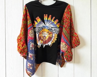 Van Halen  Upcycled Kantha Flare Sleeve  Fits a Small to XXL Super Oversized