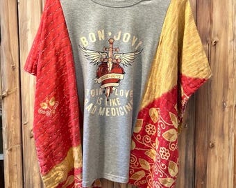 Bon Jovi Upcycled Vintage Kantha Short Sleeve Poncho One Size Fits Small to XXL