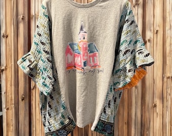 It Is Well Upcycled Vintage Kantha Quilt Ruffled Tee Free Size One Size Fits Most Long Length Fits Large to XXXL