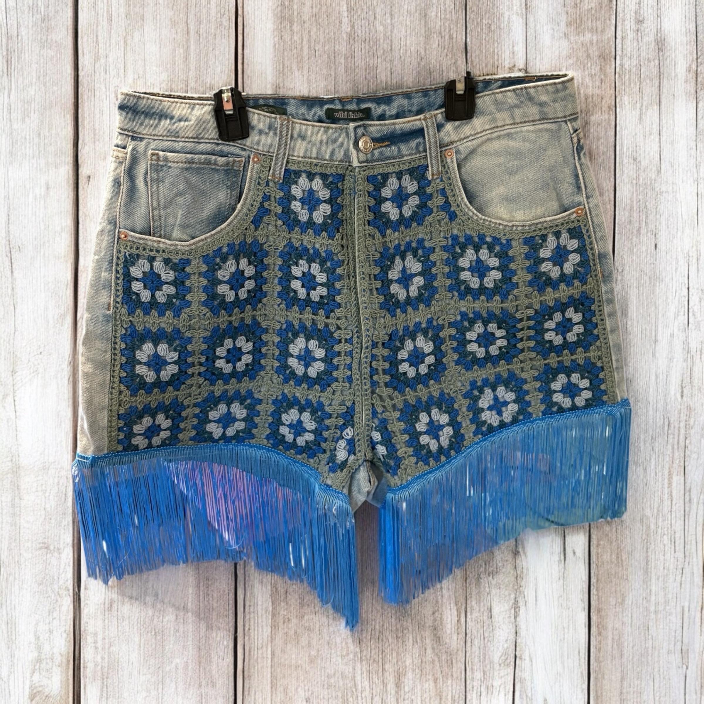 Granny’s A Rockstar Upcycled Crochet Fringe Jean Shorts Fits Size 14