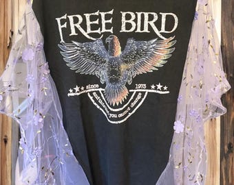 Free Bird Upcycled Embroidered Sleeve Top One Size Fits a Large to XXL OVERSIZED