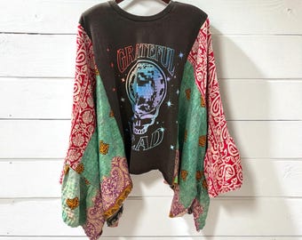 Grateful Dead  Upcycled Kantha Long Flare Ruffle Sleeve Fits a Small to XXL SUPER OVERSIZED