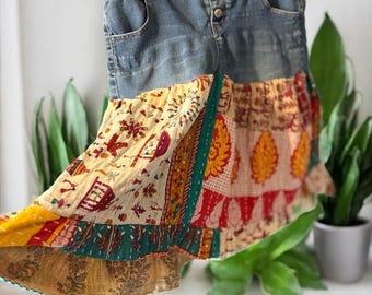 Picasso Upcycled Kantha Denim Ruffle Skirt Fits Large 10/12