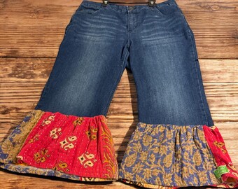 Janis Upcycled Kantha Ruffled Crop Jeans Fits Size 18