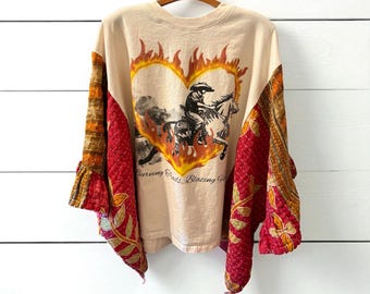 Blazing Hearts Batwing Upcycled Kantha Flare Sleeve Fits an XL to 4X Super Oversized