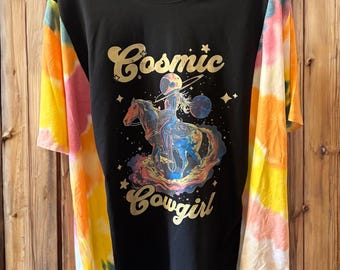 Cosmic Cowgirl Tie Dye Upcycled Drop Shoulder Tee Oversized Fits Small to XL