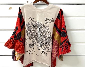 Sunflowers Batwing Upcycled Kantha Flare Sleeve Fits a Small to XXL