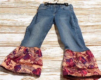 Cher Upcycled Kantha Ruffled Crop Jeans Fits Size 6