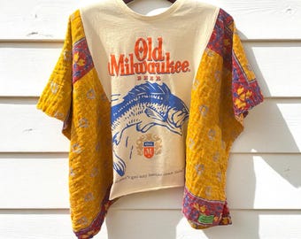 Old Milwaukee Upcycled Vintage Kantha Upcycled Tee Fits Small to XL Oversized Short PETITE Length