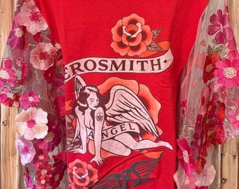 Aerosmith Upcycled Embroidered Sleeve Top One Size Fits a Small to XXL OVERSIZED