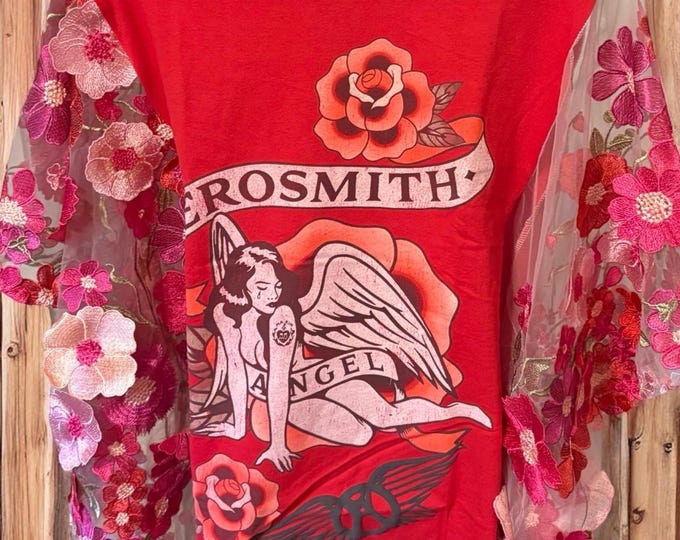 Featured listing image: Aerosmith Upcycled Embroidered Sleeve Top One Size Fits a Small to XXL OVERSIZED