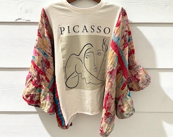 Picasso Batwing Upcycled Kantha Flare Sleeve  Fits a Small to XXL