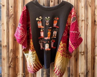 These Boots Upcycled Vintage Kantha Upcycled Tee Fits Small to XXL