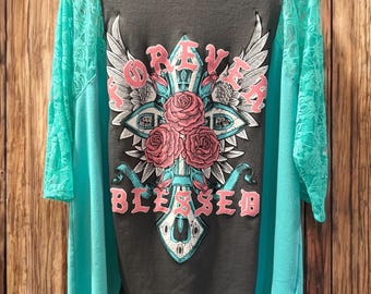 Forever Blessed Lace Upcycled Drop Shoulder Top Fits Small to XL