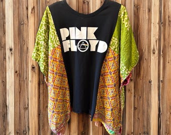 Pink Floyd Upcycled Vintage Kantha Short Sleeve Poncho Free Size One Size Fits Most