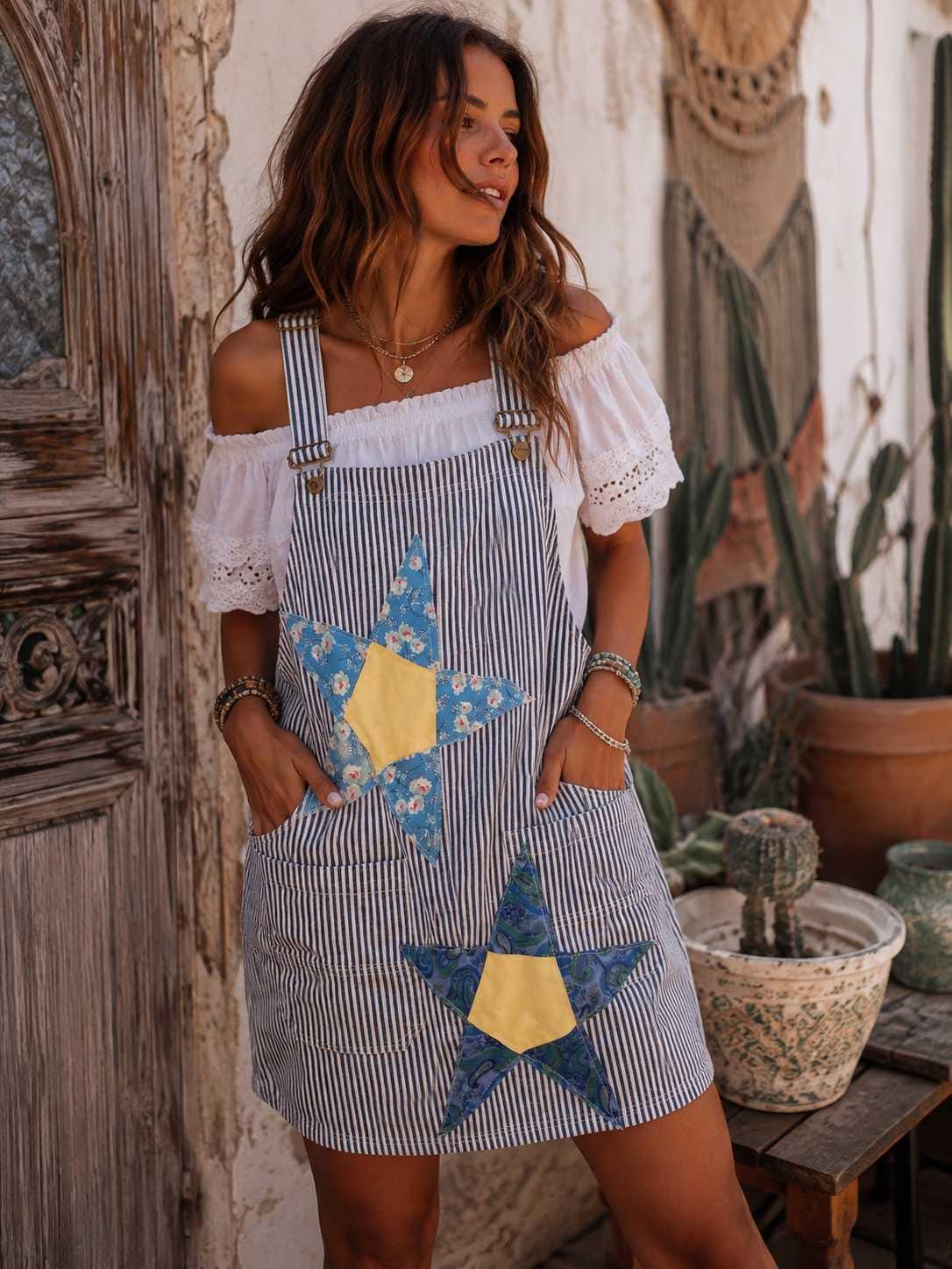 blue and white striped overall dress Cheer on your favorite