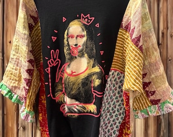 Messy Mona Upcycled Kantha Flare Sleeve Top Small to XL