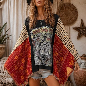 May include: A black t-shirt featuring a graphic print of Insane Clown Posse with the text Raze the Hertz of Glass, layered under a wide-sleeved, patchwork-style kimono with red, orange, and cream geometric patterns and light blue denim shorts.