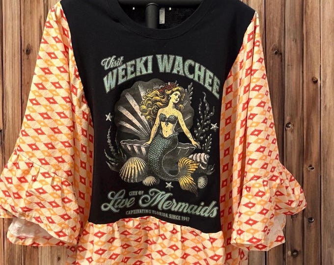 Featured listing image: Weekee Wachwee Upcycled Ruffle Sleeve Top with Peekaboo Hem Fits a Small to XXL Short Length