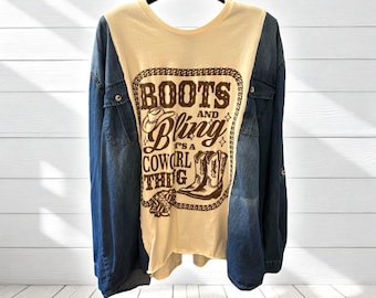 Boots and Bling Denim Upcycled Top Fits a Small to XXL OVERSIZED