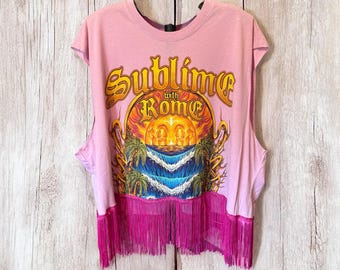 Sublime Upcycled Hot Pink Fringe Cut Off Sleeve Tee Fits an XL to 3X